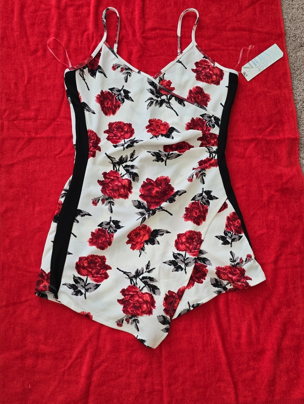 Almost Famous White Romper with Red Rose Print and Black Side Panels